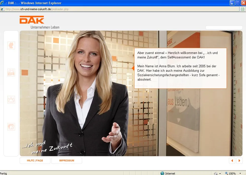 self-ac-dak Beispiel Self-Assessment. Screenshot einer DAK Anwendung. Hier: Information über das Arbeitsfeld von Sozialversicherungsfachangestellten.